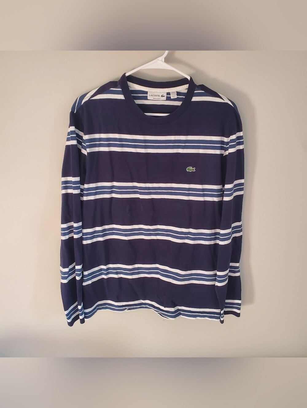 Lacoste Long Sleeve T-shirt Blue Striped Cotton Crew Neck Men's Size M/L